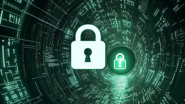 Abstract digital illustration of padlocks symbolizing cybersecurity, with data streams in the background