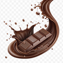 realistic 3d chocolate fluid splash flow with drops, bubbles  in curve style isolated on transparent background