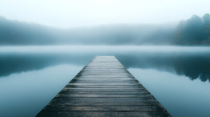 Obraz premium Misty morning landscape featuring a serene wooden pier extending over still waters reflecting fog and trees in the background