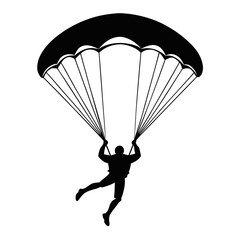 Black silhouette of a skydiver descending with an open parachute isolated on white background