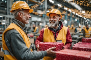Smiling workers in festive attire share wrapped gifts in busy fa