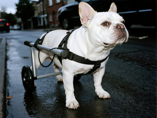 A white French Bulldog in an advanced walker, standing on two legs and using the cart for support while walking along a city street.
