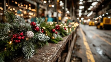Festive greenery adorned with ornaments and lights brightens ind