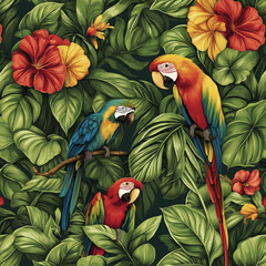 Vibrant tropical jungle pattern featuring exotic flowers and colorful parrots amidst lush green foliage