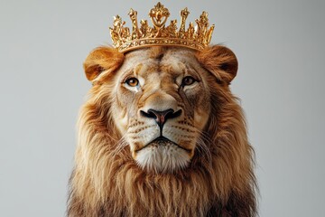 Majestic Lion Portrait Golden Crown Wildlife Art Regal Animal Power Nobility on white background. Generative Ai