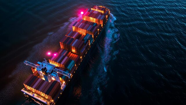 Aerial View of Cargo Ship Transporting Containers Across Ocean at Night Illuminated Vessel Creates Dynamic Wake and Striking Contrast in Global Shipping Scene