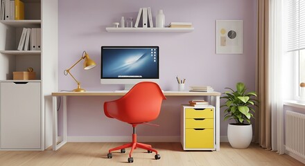 Modern Home Office with Red Chair and Yellow Drawer