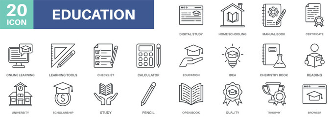 Education Pack Outline Collections Icon Set. Simple Style Perfect For Logos And More