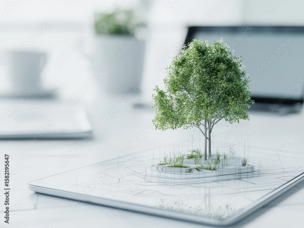 Poster engineer architect tablet concept. digital rendering of a tree on a tablet, symbolizing innovation a