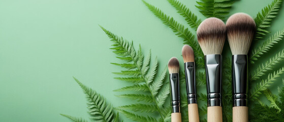 Makeup brushes with wooden handles are arranged on green fern leaves against pastel green background, creating natural and eco friendly aesthetic