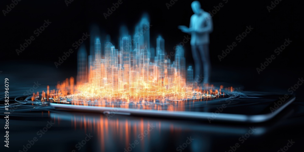 Poster engineer architect tablet concept. futuristic cityscape emerging from a smartphone with a figure int