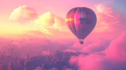 Hot air balloon travel adventure at sunrise over scenic landscape with colorful sky, inspiring aerial view of vibrant horizon and peaceful morning journey above nature