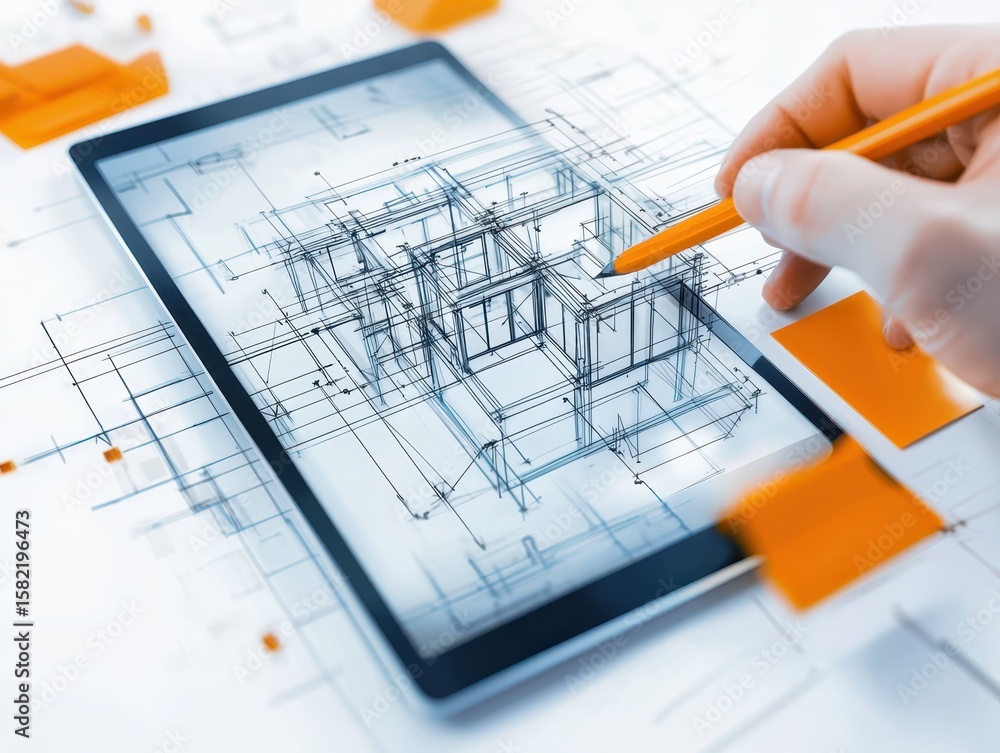 Poster engineer architect tablet concept. digital architectural design with a tablet and hand sketching blu