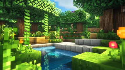 Lush voxel forest scene with a tranquil pond, steps, and vibrant flora.  Sunlight filters through the trees, creating a serene atmosphere