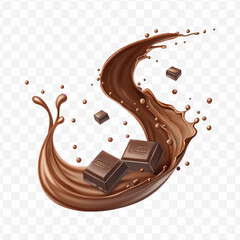 realistic 3d chocolate fluid splash flow with drops, bubbles  in curve style isolated on transparent background