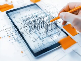 Engineer architect tablet concept. Digital architectural design with a tablet and hand sketching blueprints.