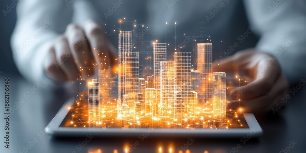 Poster engineer architect tablet concept. futuristic cityscape visualization on a tablet with glowing data 