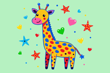 Cheerful giraffe design features bright polka dots, hearts, and stars, perfect for baby shower cards and children's decorations.