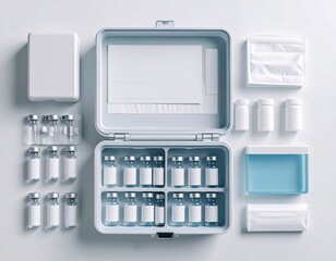 Healthcare supplies and vials in organized kit on white background