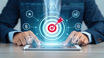 businessman holding tablet with social network icons