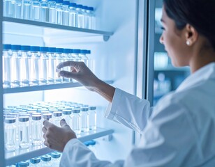 Young adult woman scientist handling medical vials in laboratory refrigerator
