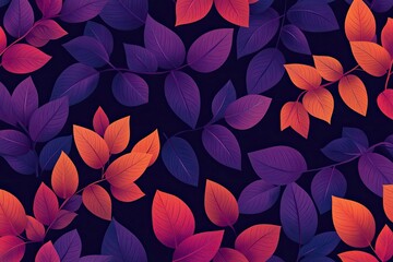 Autumnal leaves pattern on dark background.  Vibrant colors, deep purples and reds,  create a nature-inspired design