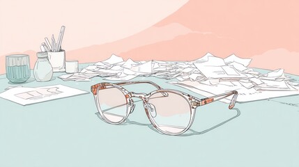 Glasses surrounded by papers on a teal table