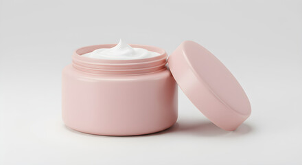 A pink cosmetic jar with its lid beside, filled with cream.