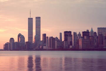Fototapeta premium Skyline showcases Twin Towers at dawn, symbolizing resilience an