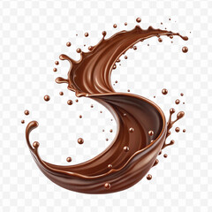 realistic 3d chocolate fluid splash flow with drops, bubbles  in curve style isolated on transparent background