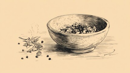 Hand-drawn illustration of a wooden bowl filled with spices on a table