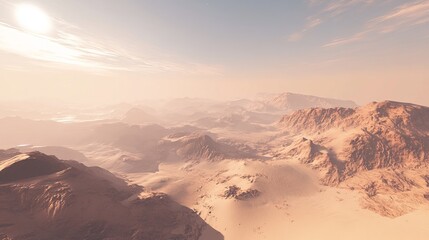 Naklejka premium Expansive desert landscape at sunset, showcasing vast sandy dunes and rugged mountains under a hazy, warm sky