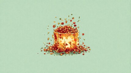Abstract illustration of a container erupting with colorful granules
