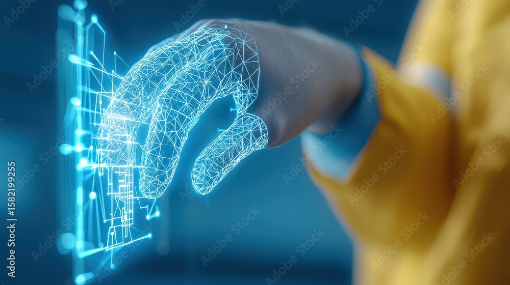 Poster engineer architect tablet concept. a hand interacts with a digital interface, showcasing technology 