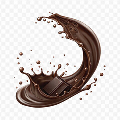 realistic 3d chocolate fluid splash flow with drops, bubbles  in curve style isolated on transparent background