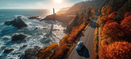 Photorealistic autumn coastal scene with crashing waves, cliffside road, glowing lighthouse, and vibrant fall foliage under golden sunlight, capturing nature’s beauty and resilience