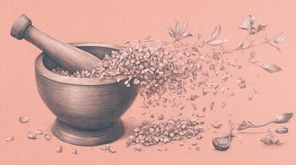 Wooden mortar and pestle with scattered seeds