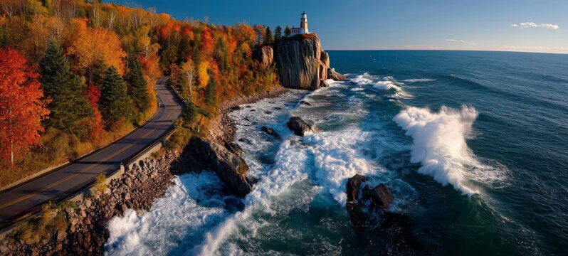 Photorealistic autumn coastal scene with crashing waves, cliffside road, glowing lighthouse, and vibrant fall foliage under golden sunlight, capturing nature’s beauty and resilience