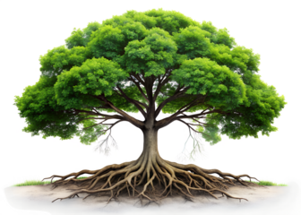 A majestic deciduous tree with a vast network of exposed roots, isolated on a clean transparent background