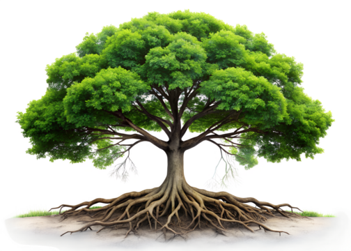 A majestic deciduous tree with a vast network of exposed roots, isolated on a clean transparent background