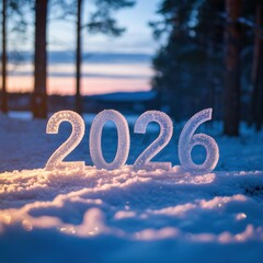 Snowy 2026 numbers, forest background, soft sunset glow