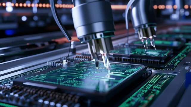 Robotic Arms Assembling Microchips Circuit Board High Tech Manufacturing Facility Showcasing Advanced Technology, Automation, Innovation, and Precision Electronics Production and Manufacturing