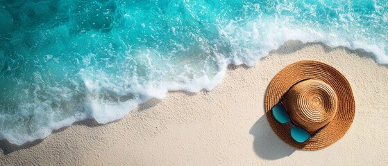Obraz premium Top view of summer beach scene with straw hat and sunglasses on sand, clear blue sky, bright sunlight, wide negative space on right, minimal commercial stock photo style, high realism