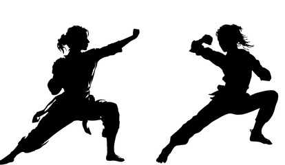Two woman silhouette exercising karate or martial arts isolated on white background.