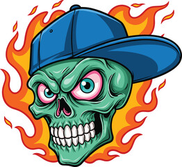 Cool green skull with blue cap and flames – cartoon vector art of a flaming skull with intense expression and attitude