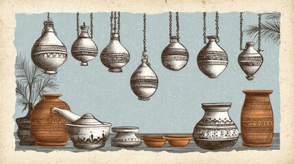 Antique ceramic vessels displayed