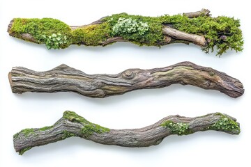 Mossy Branches Arrangement Nature Wood Texture Forest Floor Growth Natural Art on white background. Generative Ai
