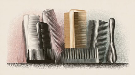 Several vintage-style combs arranged on a shelf