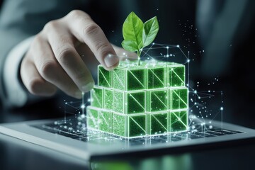 Engineer architect tablet concept. Innovative hand creating a sustainable building with greenery and technology concepts.