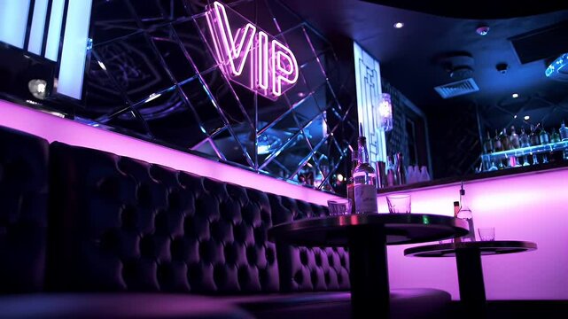 Elegant Interior of a VIP Lounge Featuring Cushioned Bench Reflective Wall and Round Tables with Bottles Neon Lighting